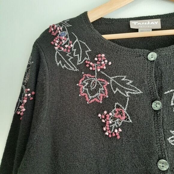 TANJAY / Floral Embroidered Button Down Fine Knit Cardigan Sweater Black Sz M P - Picture 4 of 15